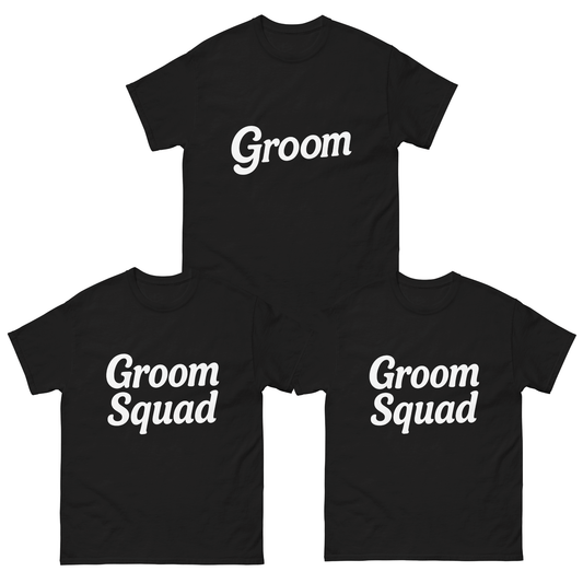 Set di t-shirt nere per addio al celibato: una “Groom” e due “Groom Squad”, ideali per lo sposo e il suo team.