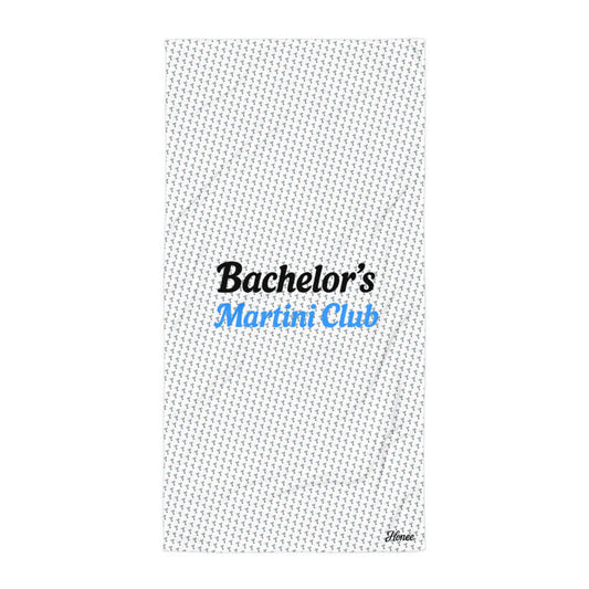 Telo mare addio al celibato con pattern coppe Martini e scritta 'Bachelor’s Martini Club' in bianco e blu.