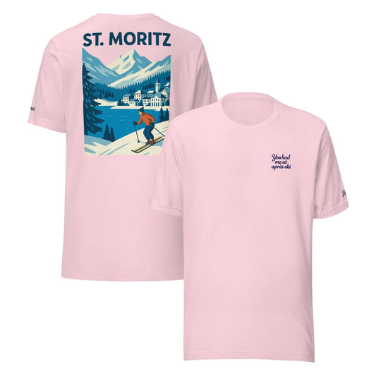T-shirt rosa da donna con ricamo "You had me at aprés-ski" e grafiche di St. Moritz, ideale per l'inverno.