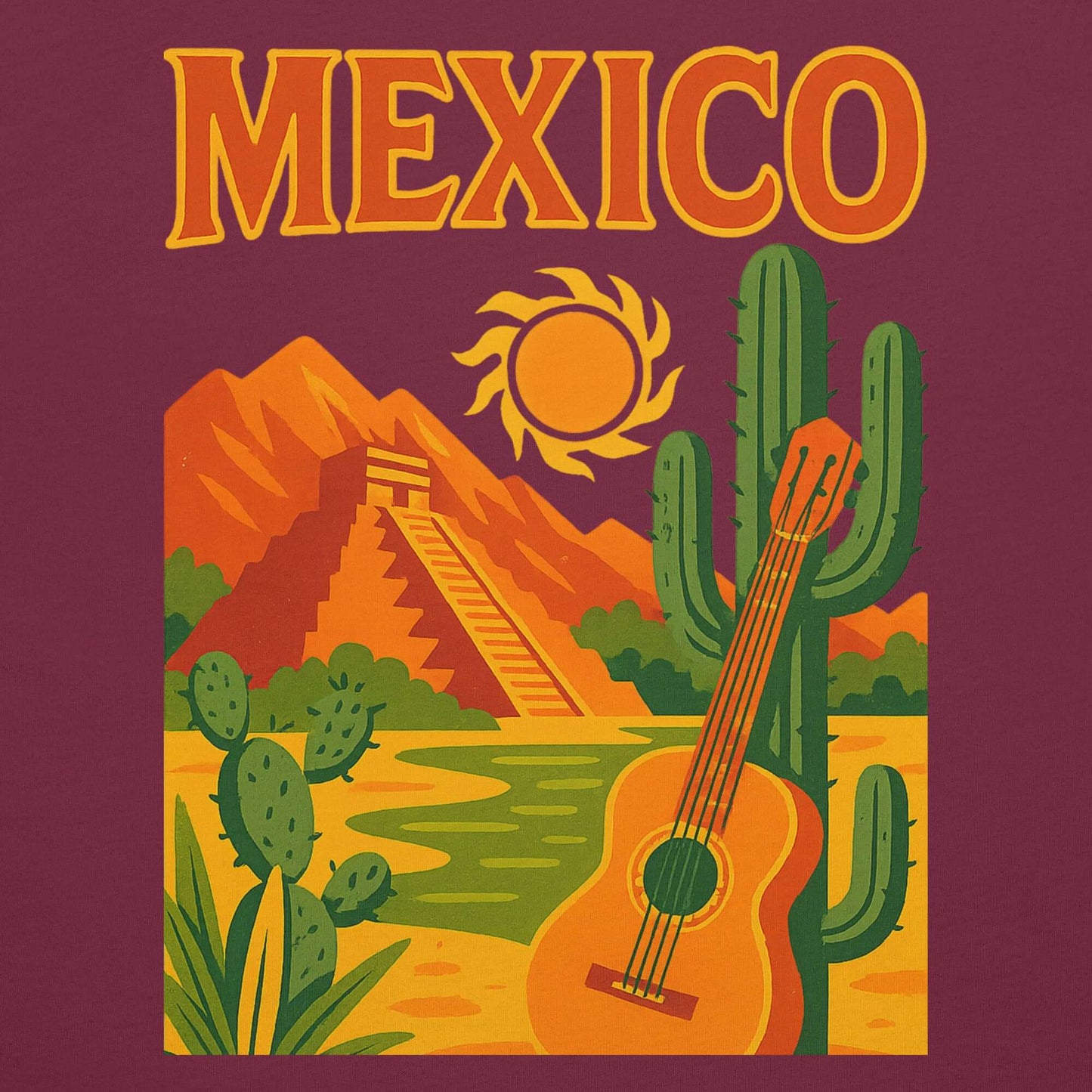 Grafica t-shirt Messico con chitarra, cactus e paesaggio ispirato alle vacanze nel sud.