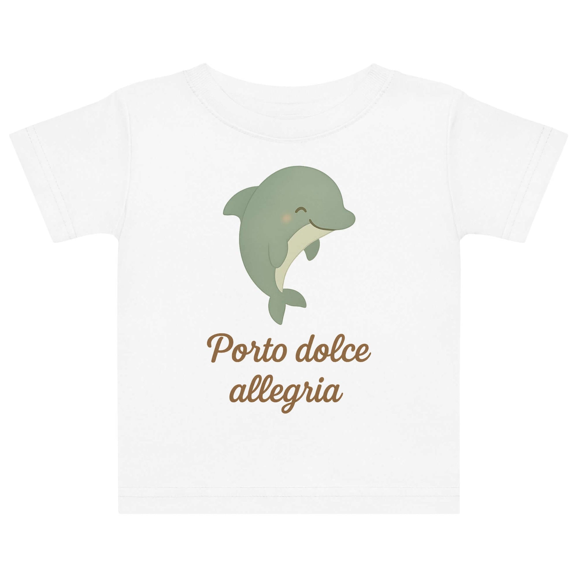 Vista frontale della t-shirt neonato bianca con illustrazione di un delfino e scritta “Porto dolce allegria” sul petto.