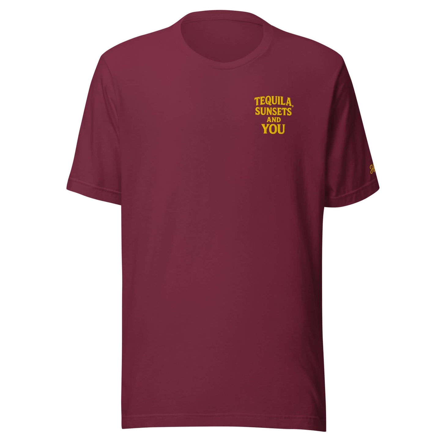 T-shirt vacanze da uomo color bordeaux con frase ricamata 'Tequila, Sunsets and You'.