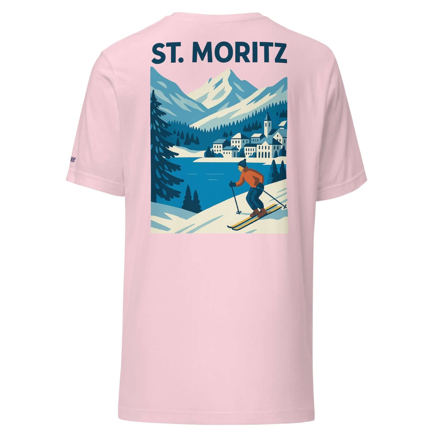 T-shirt da donna rosa con design di sci e logo St. Moritz, perfetta per l'après-ski e l'inverno elegante.