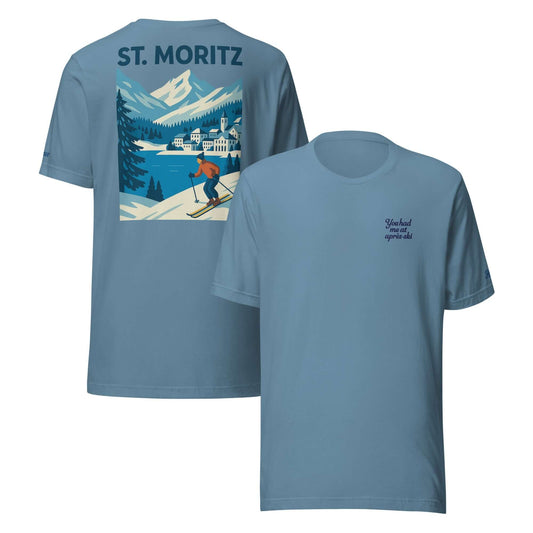 T-shirt da uomo St. Moritz con design alpino e testo 'You had me at aprés-ski', perfetta per gli amanti della montagna.