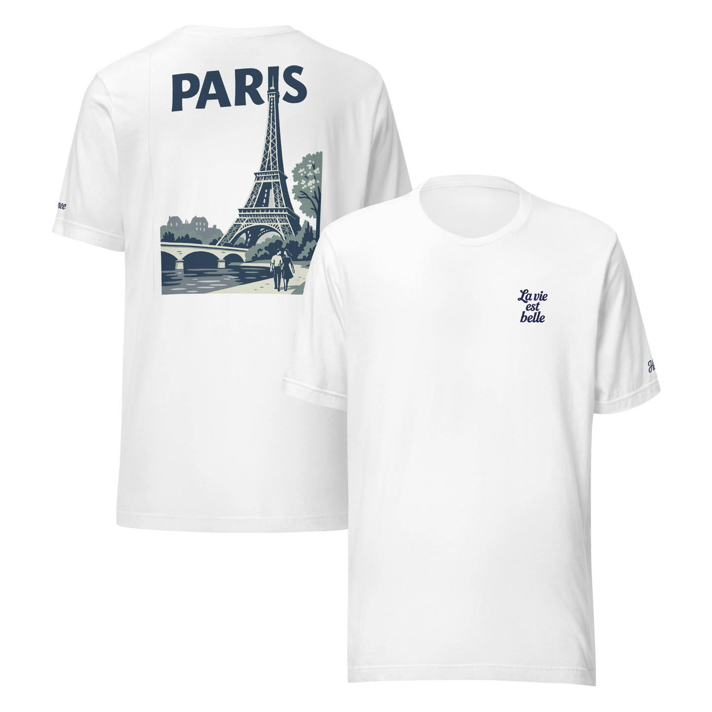 T-shirt bianca da uomo con la scritta 'La vie est belle' e grafica della Torre Eiffel, perfetta per un tocco parigino.