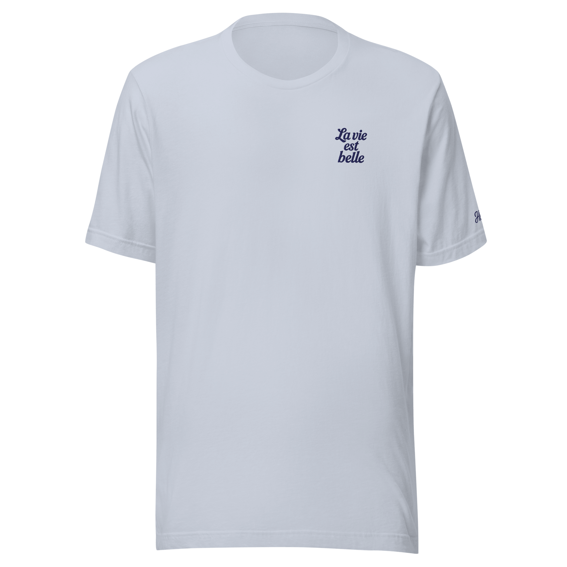 T-shirt bianca da uomo con scritta ricamata "La vie est belle", elegante e romantica per le vacanze.