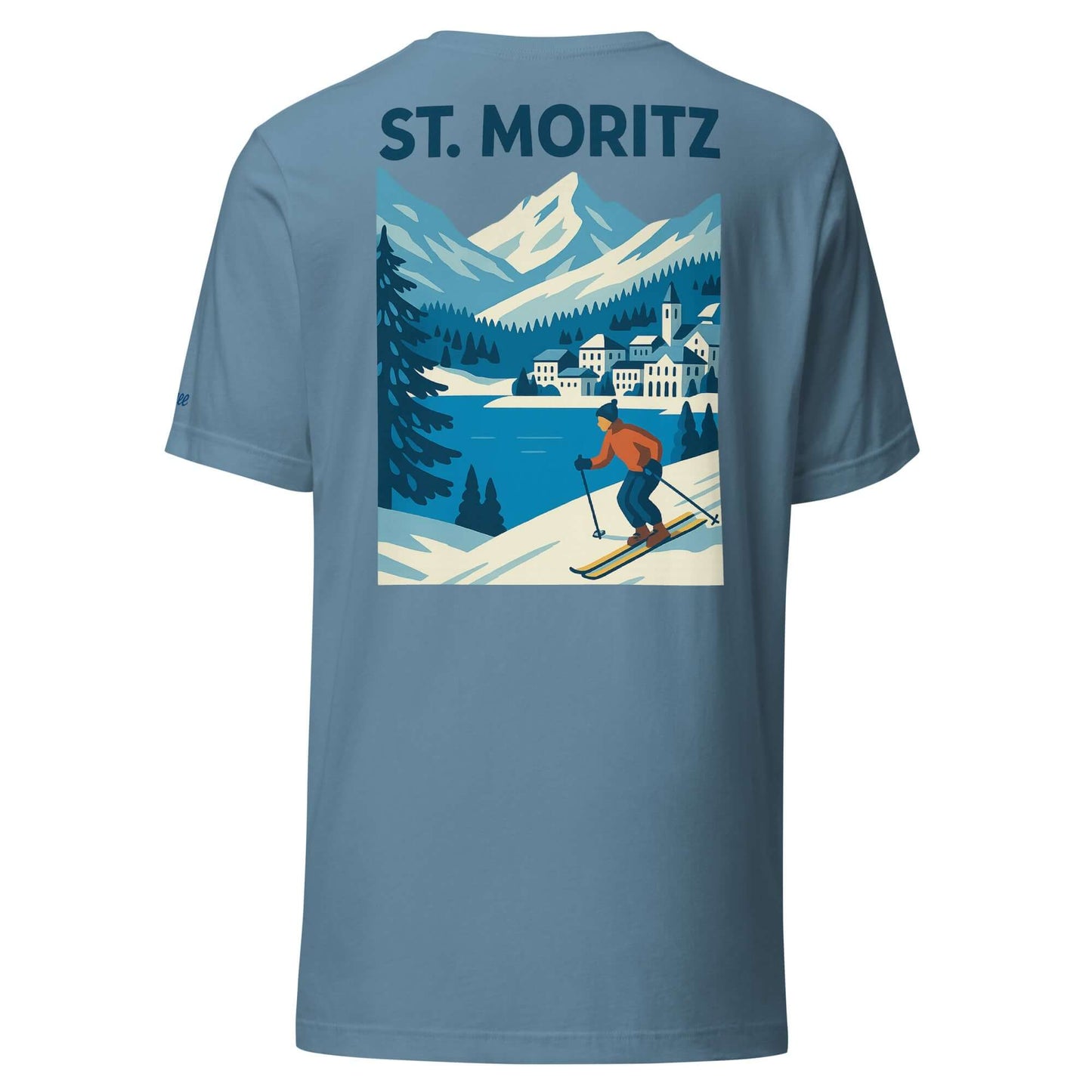 T-shirt da uomo con grafica St. Moritz e sciatore, ideale per appassionati di montagna e après-ski.