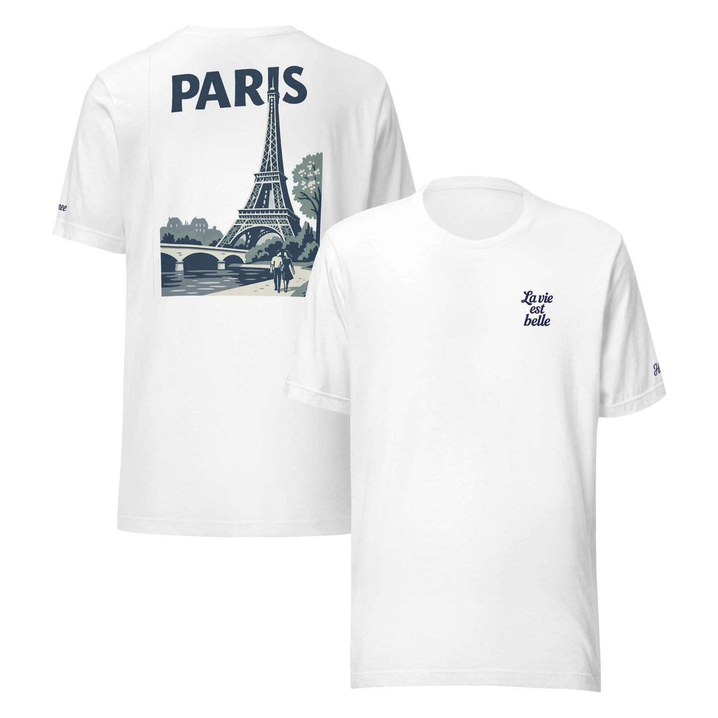 T-shirt bianca da donna con ricamo "La vie est belle" e grafica della Torre Eiffel, perfetta per l'estate.