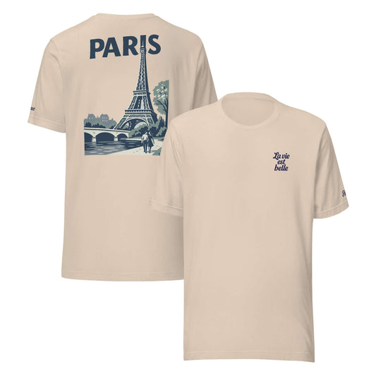T-shirt vacanze da donna color crema con ricamo 'La vie est belle' e stampa Torre Eiffel, perfetta per chi ama Parigi.