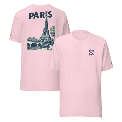 T-shirt da donna rosa con ricamo 'La vie est belle' e grafica della Torre Eiffel, ispirata a Parigi.