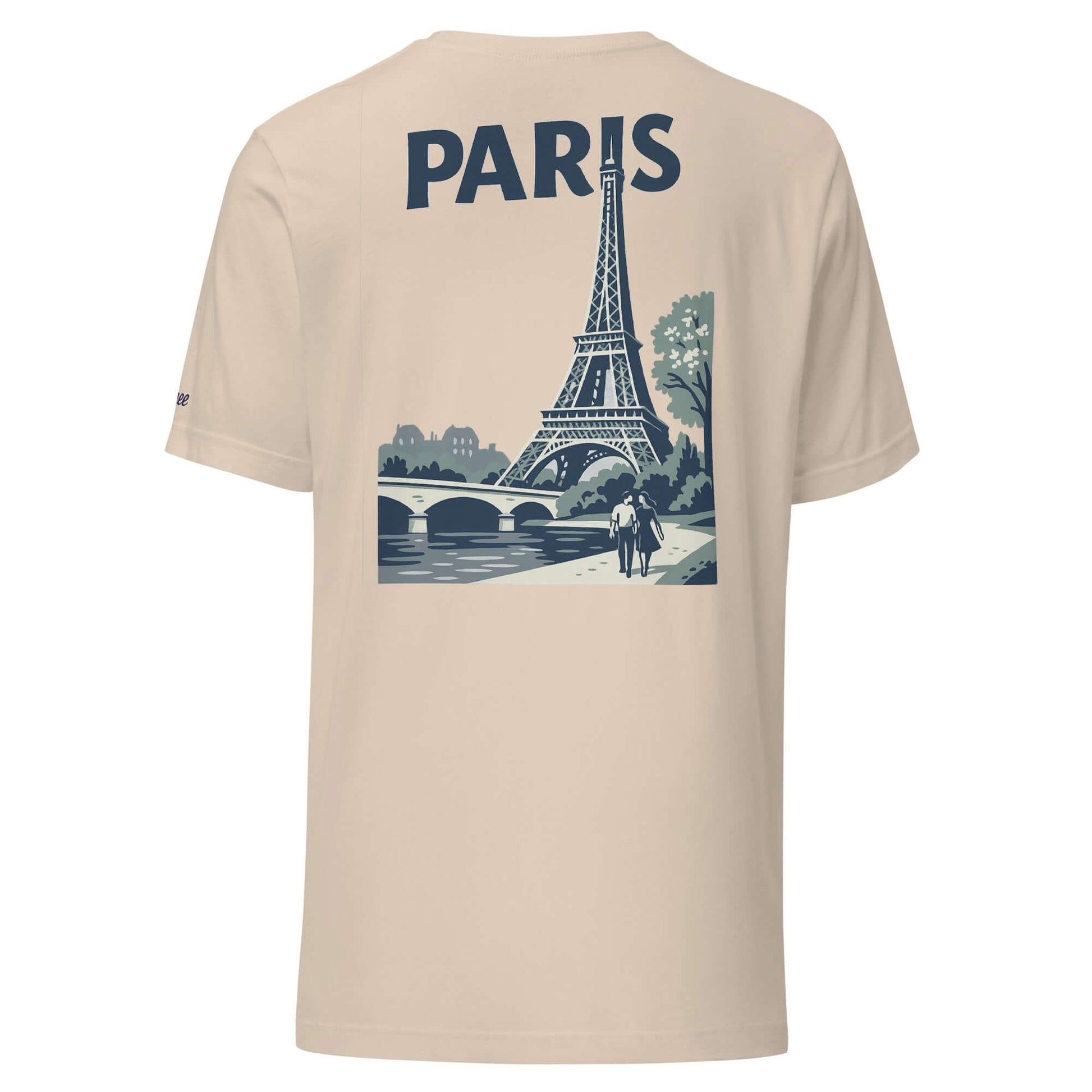 T-shirt beige con grafica della Torre Eiffel e scritta 'PARIS' sul retro, perfetta per gli amanti della città.