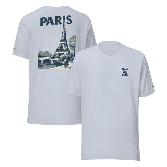 T-shirt bianca da uomo con grafica Parigi e scritta 'La vie est belle', elegante e romantica.