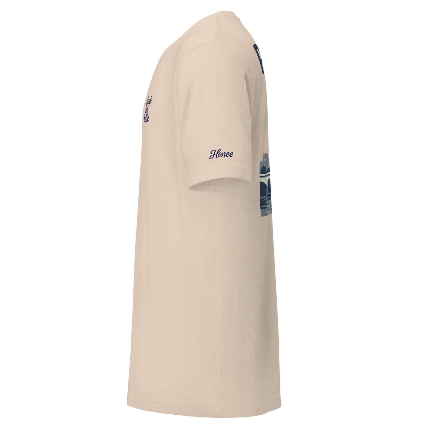 T-shirt da donna vacanze Parigi beige con ricamo 'La vie est belle' sul lato, in cotone leggero.