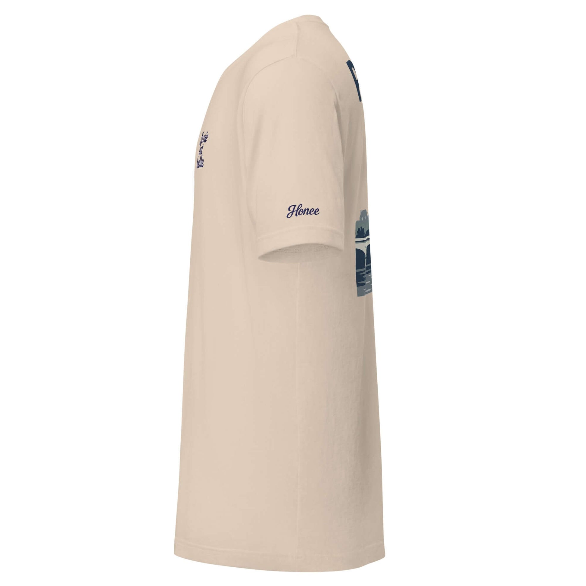 T-shirt da donna vacanze Parigi beige con ricamo 'La vie est belle' sul lato, in cotone leggero.