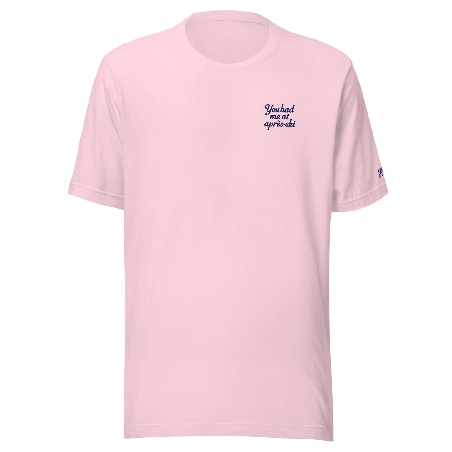 T-shirt da donna rosa con ricamo "You had me at aprés-ski", ideale per l'inverno e lo stile chic.