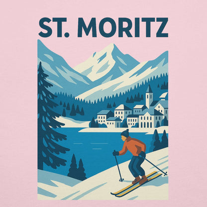 Illustrazione di un uomo che scia a St. Moritz, con montagne e lago sullo sfondo.