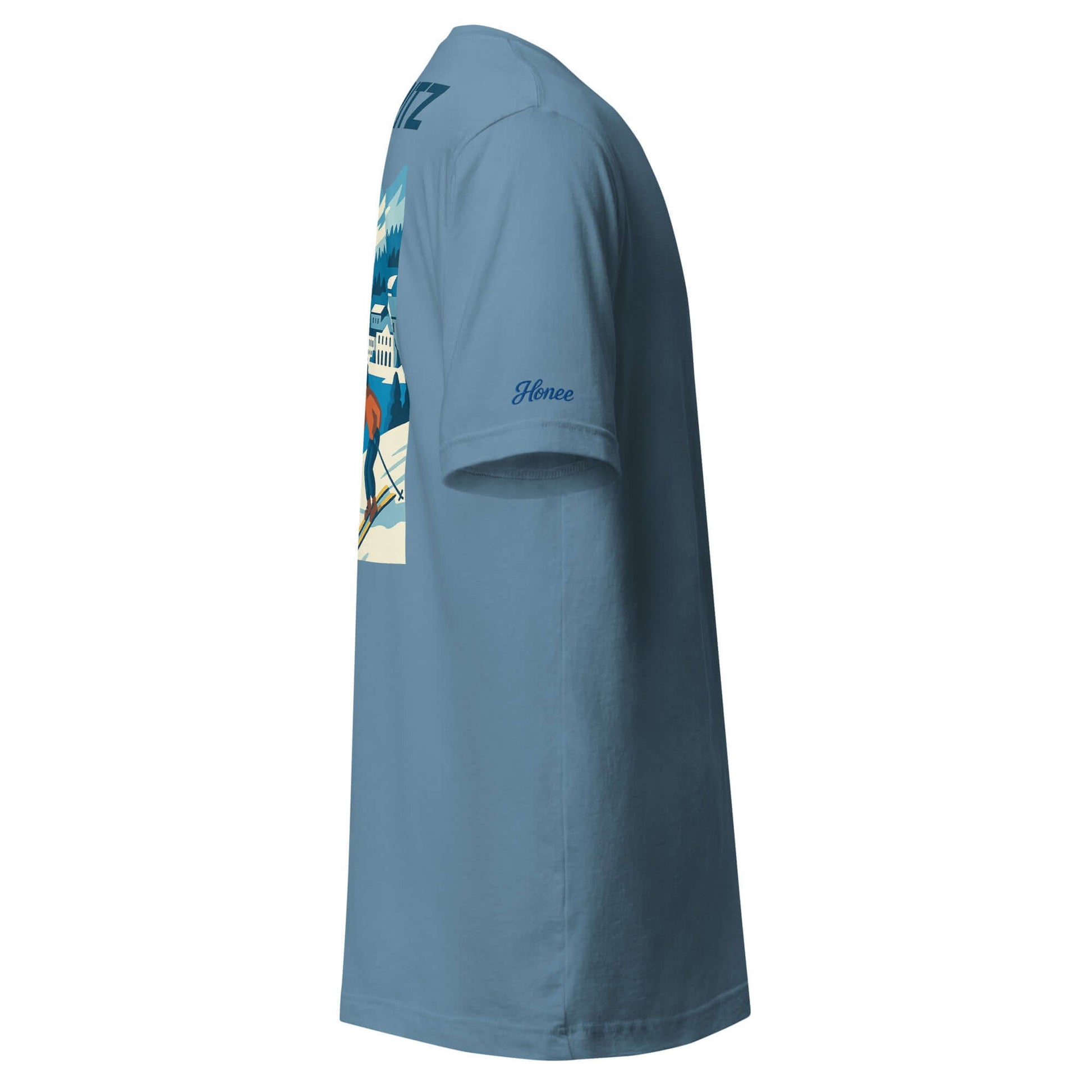 T-shirt da uomo vacanze St. Moritz, color blu, con design après-ski e scritta artigianale.