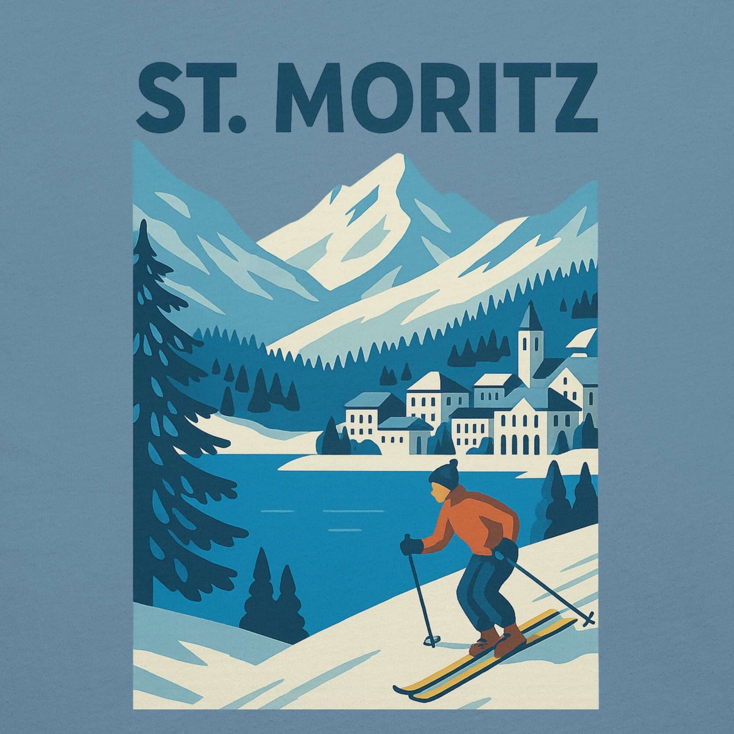Illustrazione di St. Moritz con sciatore in montagna, paesaggio innevato e pittoresco.