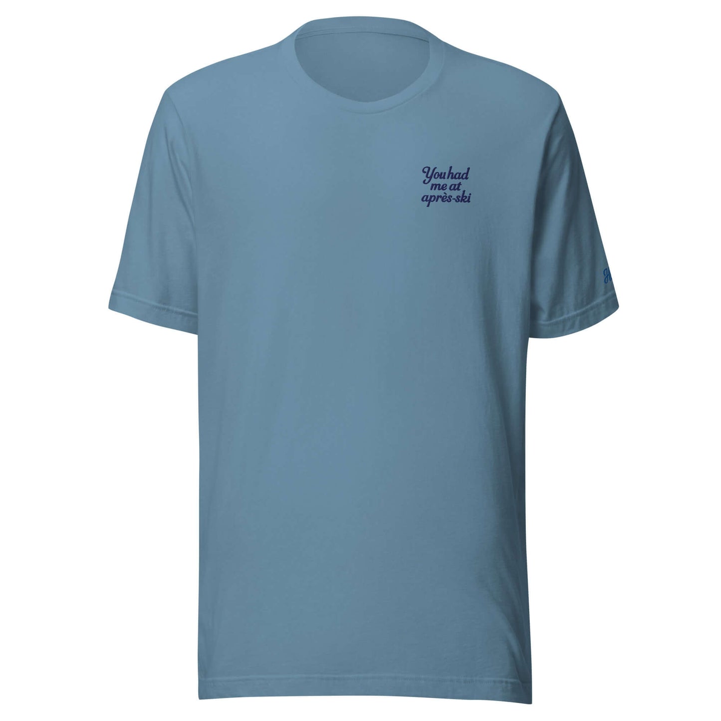 T-shirt da uomo in blu con ricamo "You had me at aprés-ski" per appassionati di montagna e après-ski.