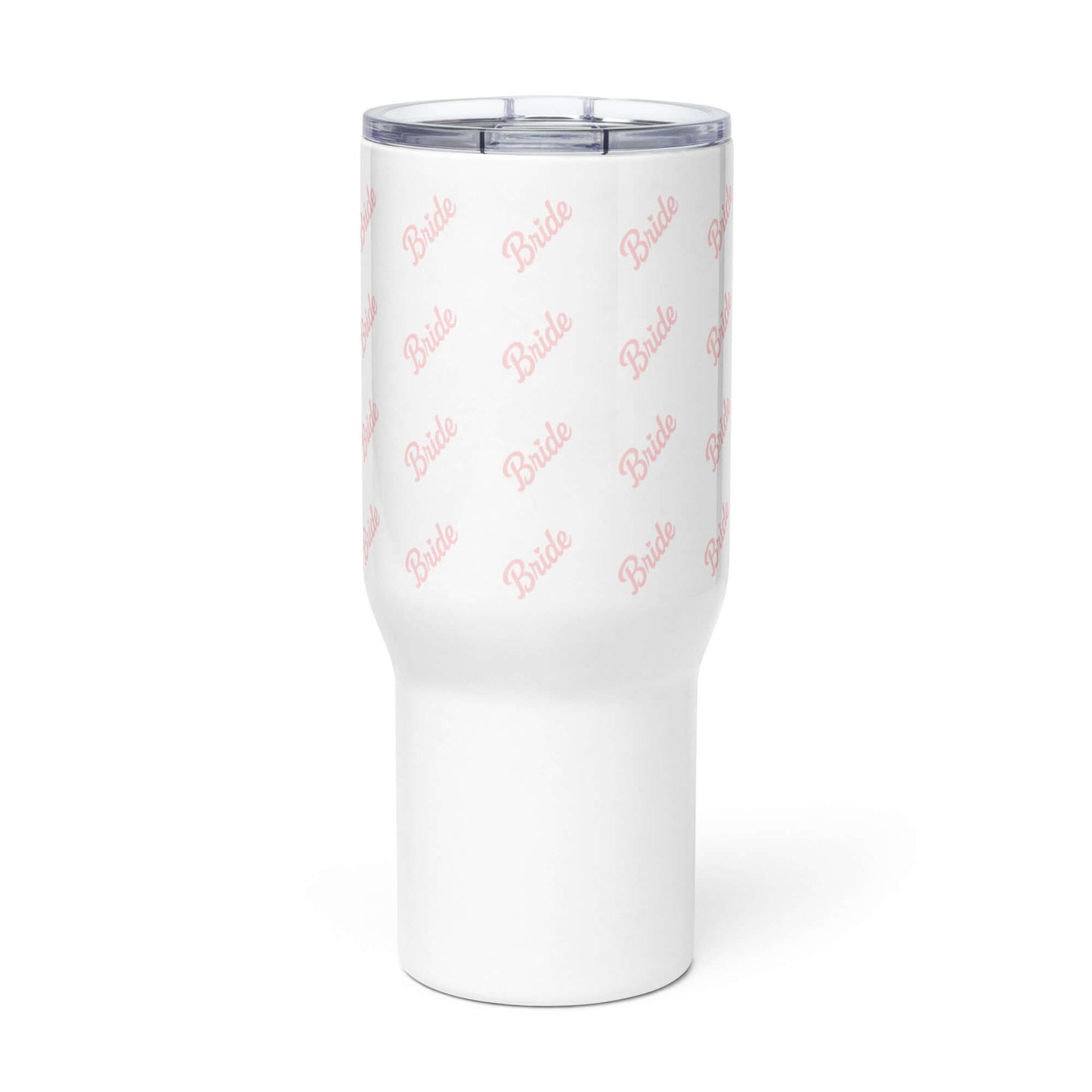 Tazza da viaggio bianca con scritta 'Bride' rosa, ideale per ogni futura sposa.