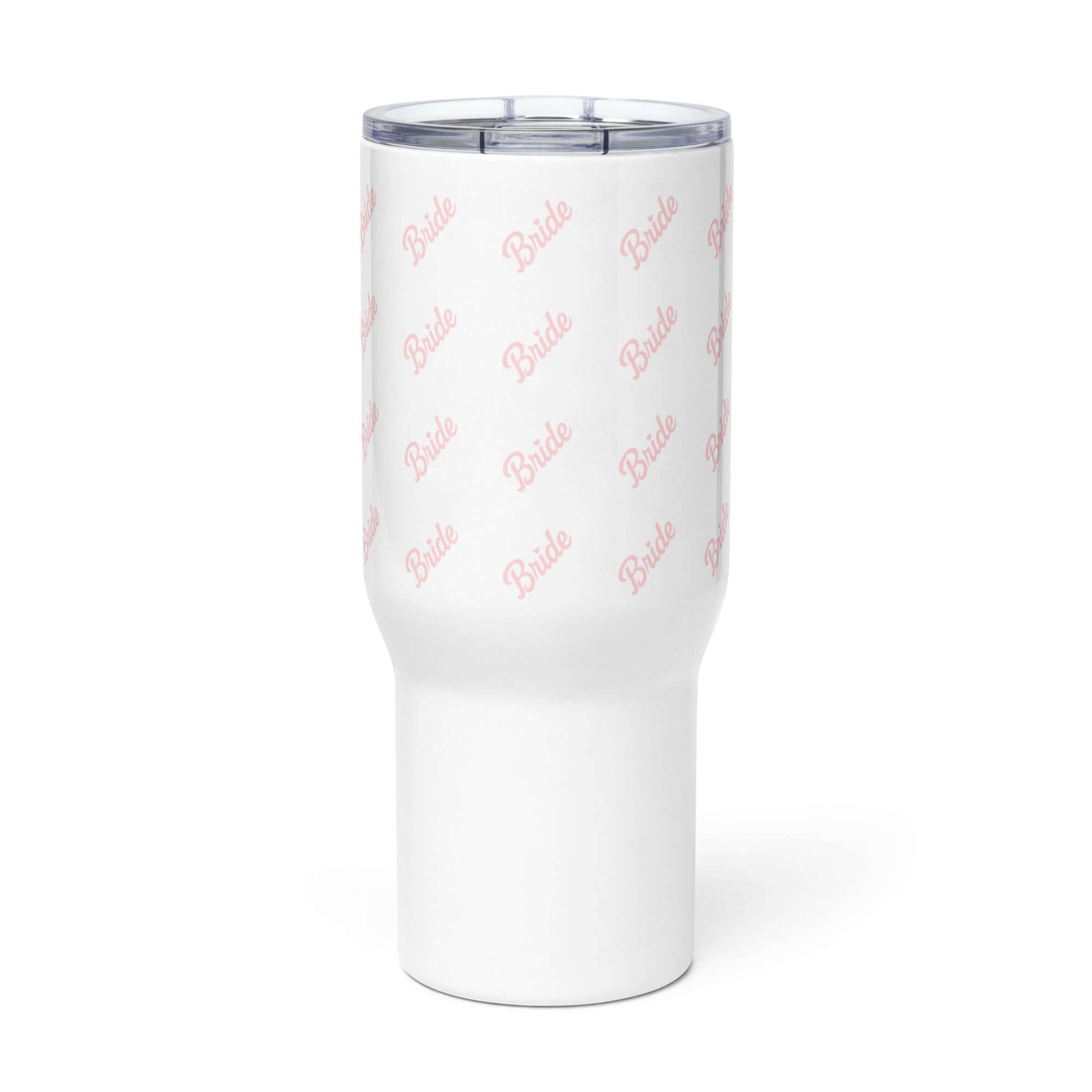 Tazza da viaggio bianca con scritta 'Bride' rosa, ideale per ogni futura sposa.