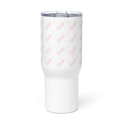 Tazza da viaggio bianca con scritta 'Bride' rosa, ideale per ogni futura sposa.
