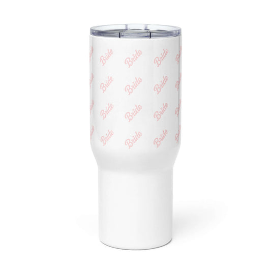 Tazza da viaggio bianca con scritta 'Bride' rosa, ideale per ogni futura sposa.