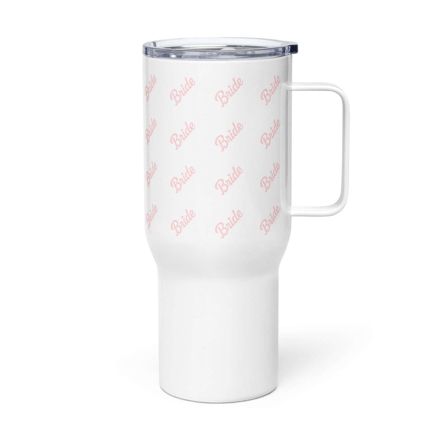 Tazza da viaggio bianca con scritta 'Bride' rosa, perfetta per avventure pre-matrimoniali.