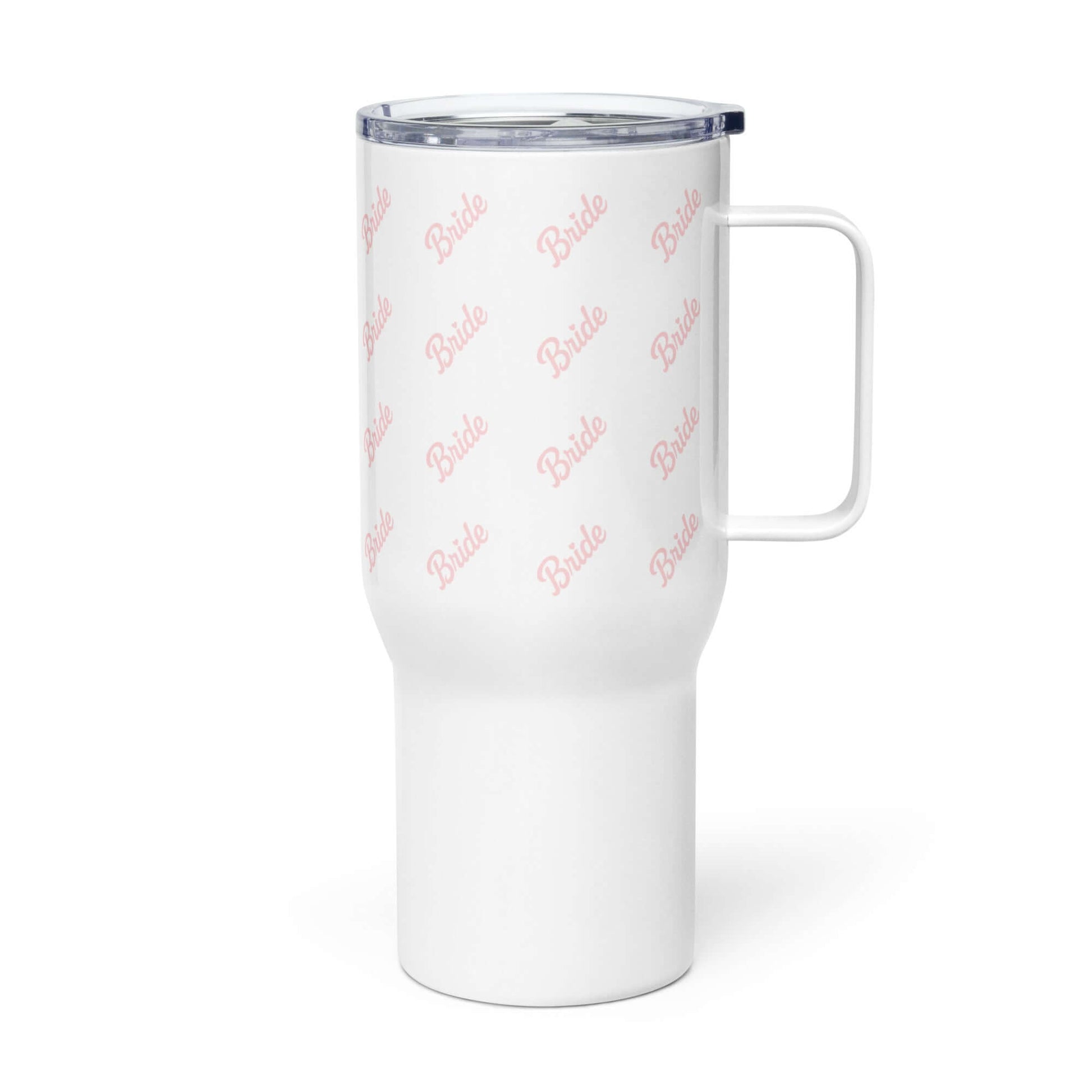 Tazza da viaggio bianca con scritta 'Bride' rosa, perfetta per avventure pre-matrimoniali.
