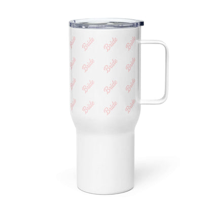 Tazza da viaggio bianca con scritta 'Bride' rosa, perfetta per avventure pre-matrimoniali.