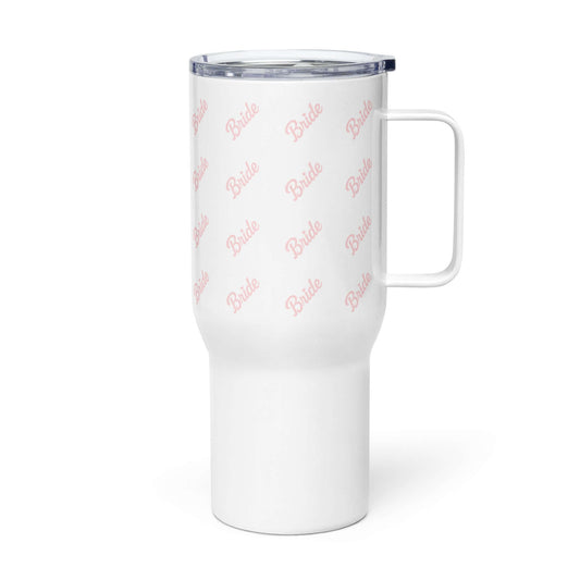 Tazza da viaggio bianca con scritta 'Bride' rosa, perfetta per avventure pre-matrimoniali.