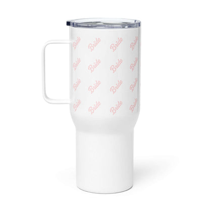 Tazza da viaggio bianca con manico, scritta "Bride" rosa. Perfetta per ogni avventura pre-matrimoniale.