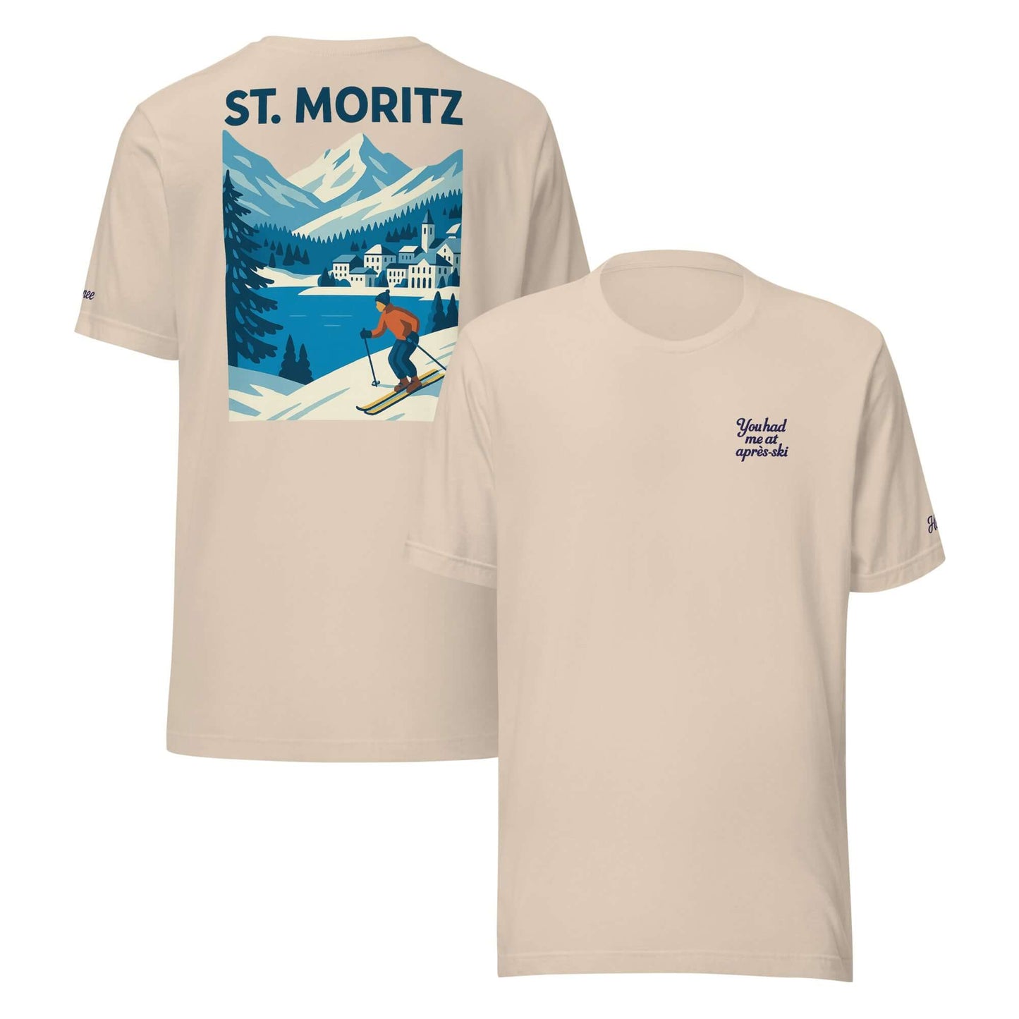 T-shirt femminile vacanze St. Moritz, con frase ricamata 'You had me at aprés-ski' e design invernale.