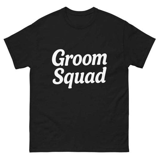 T-shirt nera "Groom Squad" in cotone, perfetta per l'addio al celibato e per i membri della crew dello sposo.
