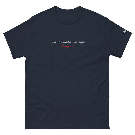 T-shirt unisex blu ricamata "Ho trovato la mia aragosta" in cotone, perfetta per coppie e regali amore.