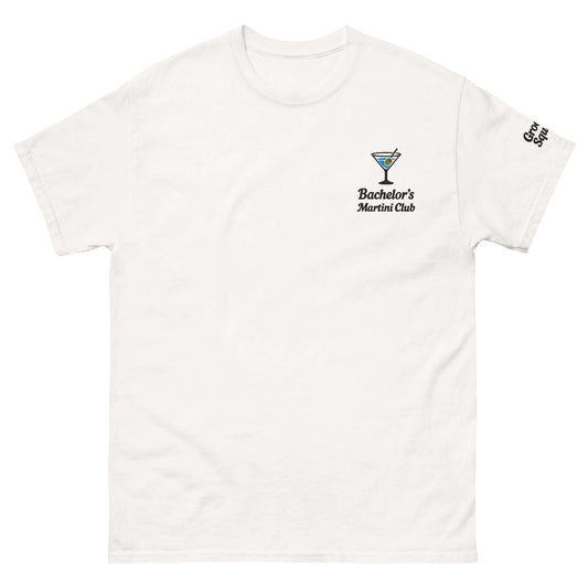 T-shirt bianca con logo 'Bachelor’s Martini Club', perfetta per il gruppo del addio al celibato.