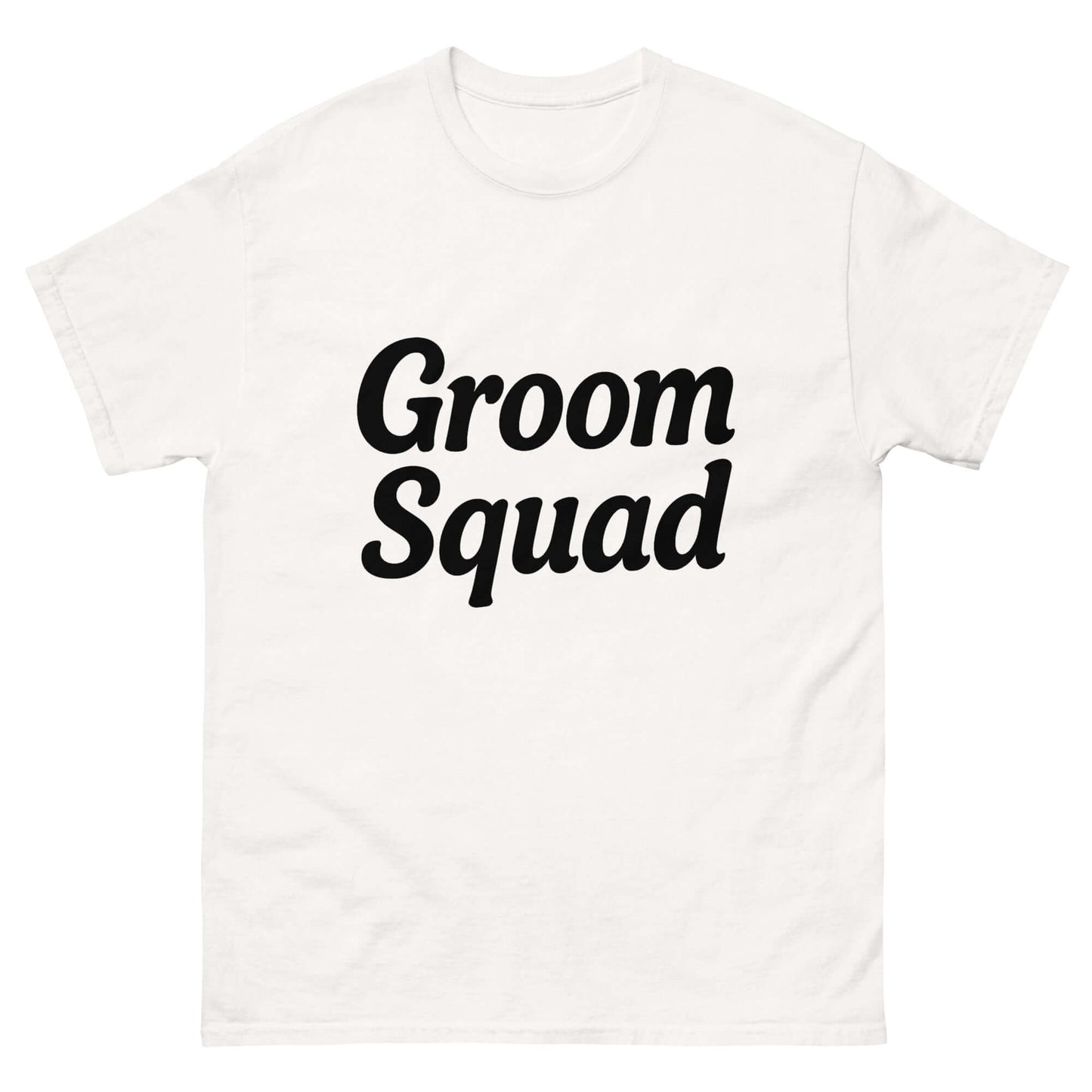 T-shirt bianca con stampa nera "Groom Squad", ideale per addio al celibato e squadra dello sposo.