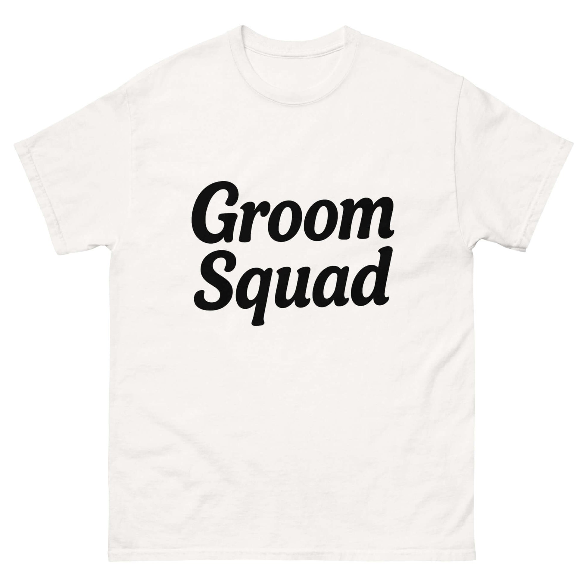 T-shirt bianca con stampa nera "Groom Squad", ideale per addio al celibato e squadra dello sposo.