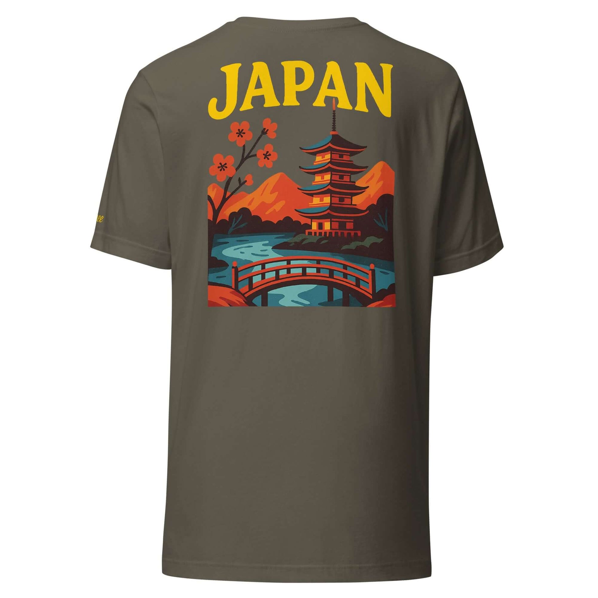 T-shirt ricamata da uomo con design giapponese, scritta 'JAPAN' e paesaggio iconico sul retro.