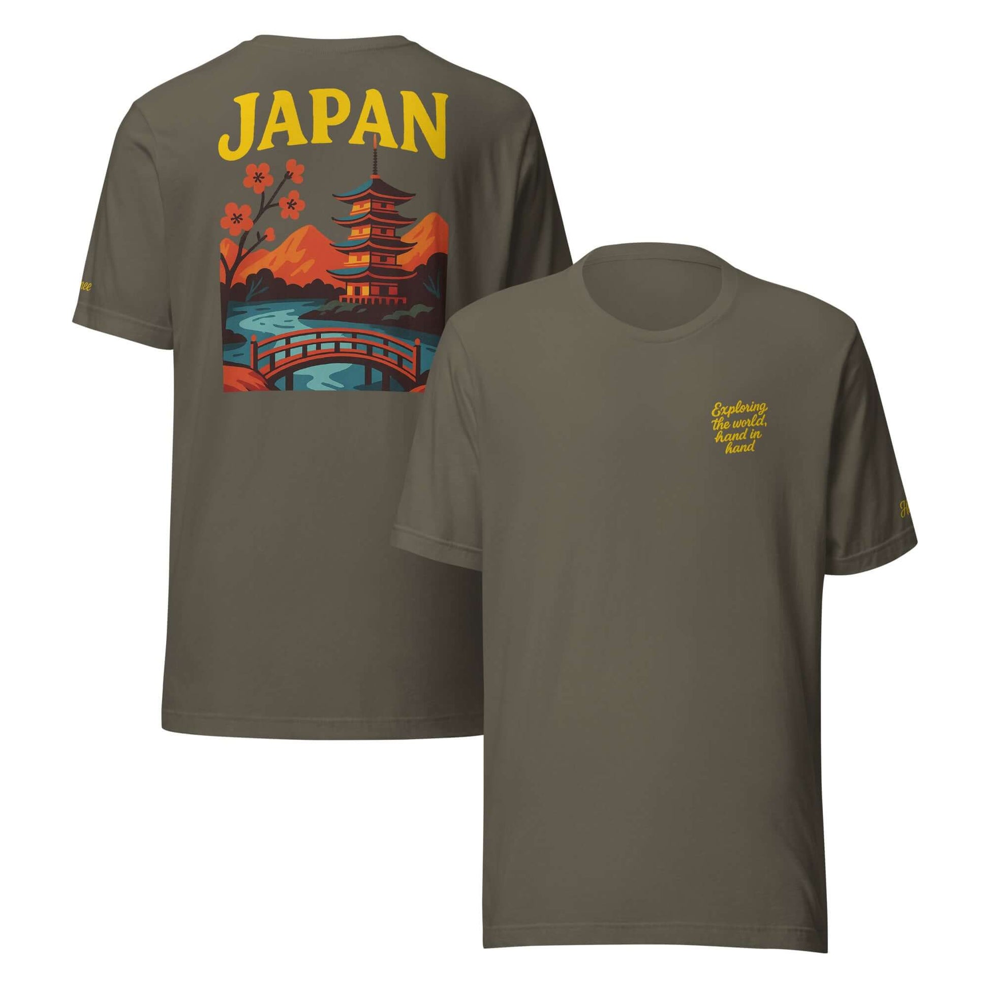 T-shirt Giappone da uomo, maglietta ricamata con frase "Exploring the World, hands in hands".