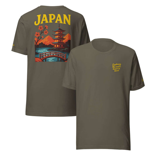 T-shirt Giappone da uomo, maglietta ricamata con frase "Exploring the World, hands in hands".
