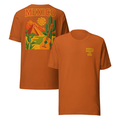 T-shirt da uomo Messico con frase ricamata "Tequila, Sunsets and You" e grafica esclusiva sul retro.