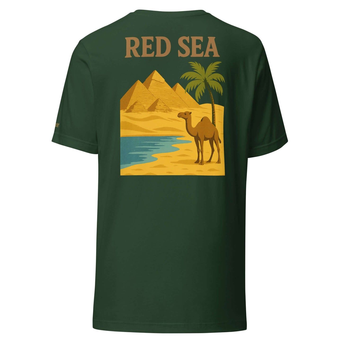 T-shirt vacanze Mar Rosso da uomo con design ricamato e stampa di cammello e piramidi.