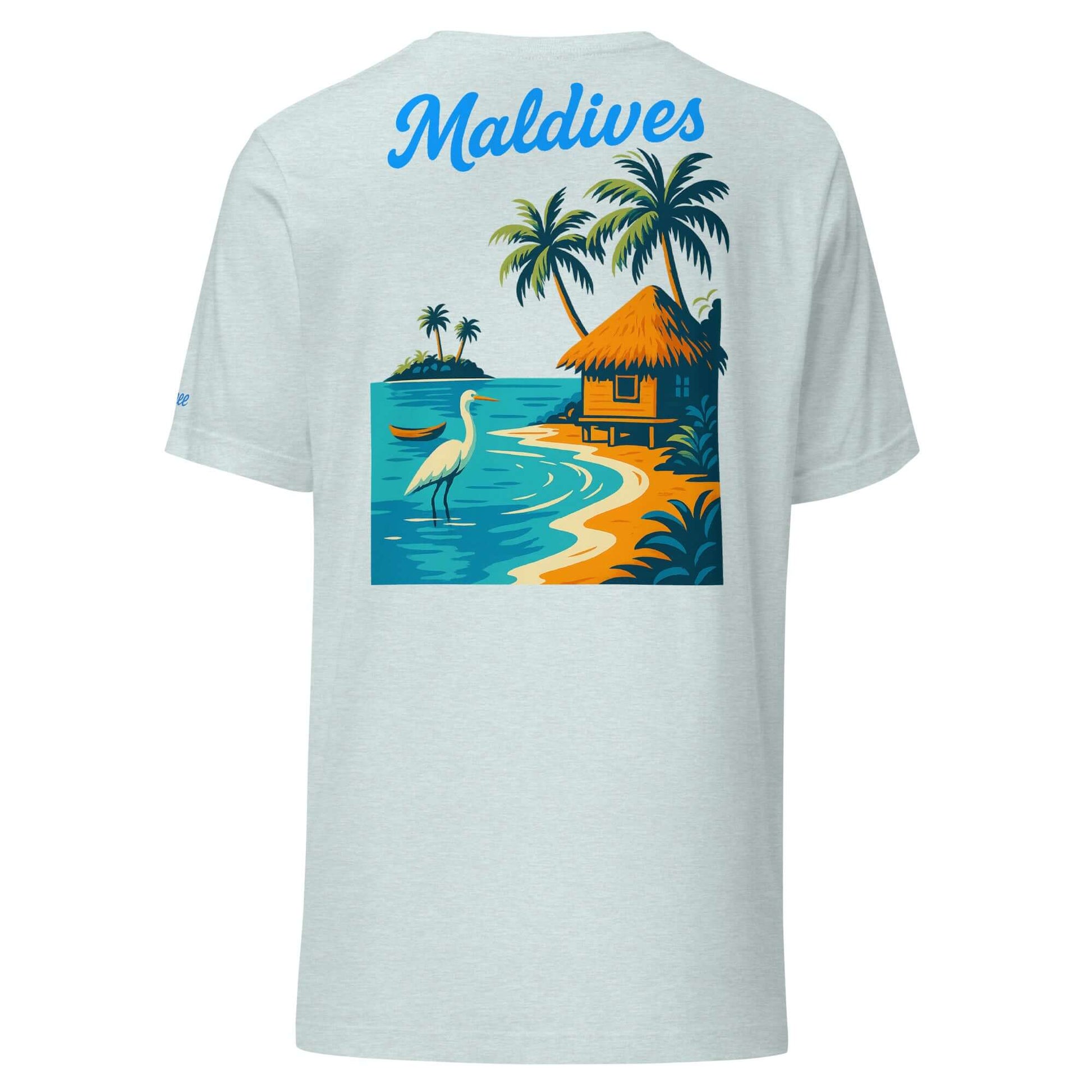 T-shirt vacanze con grafica delle Maldive, palme e casa tropicale sul retro.