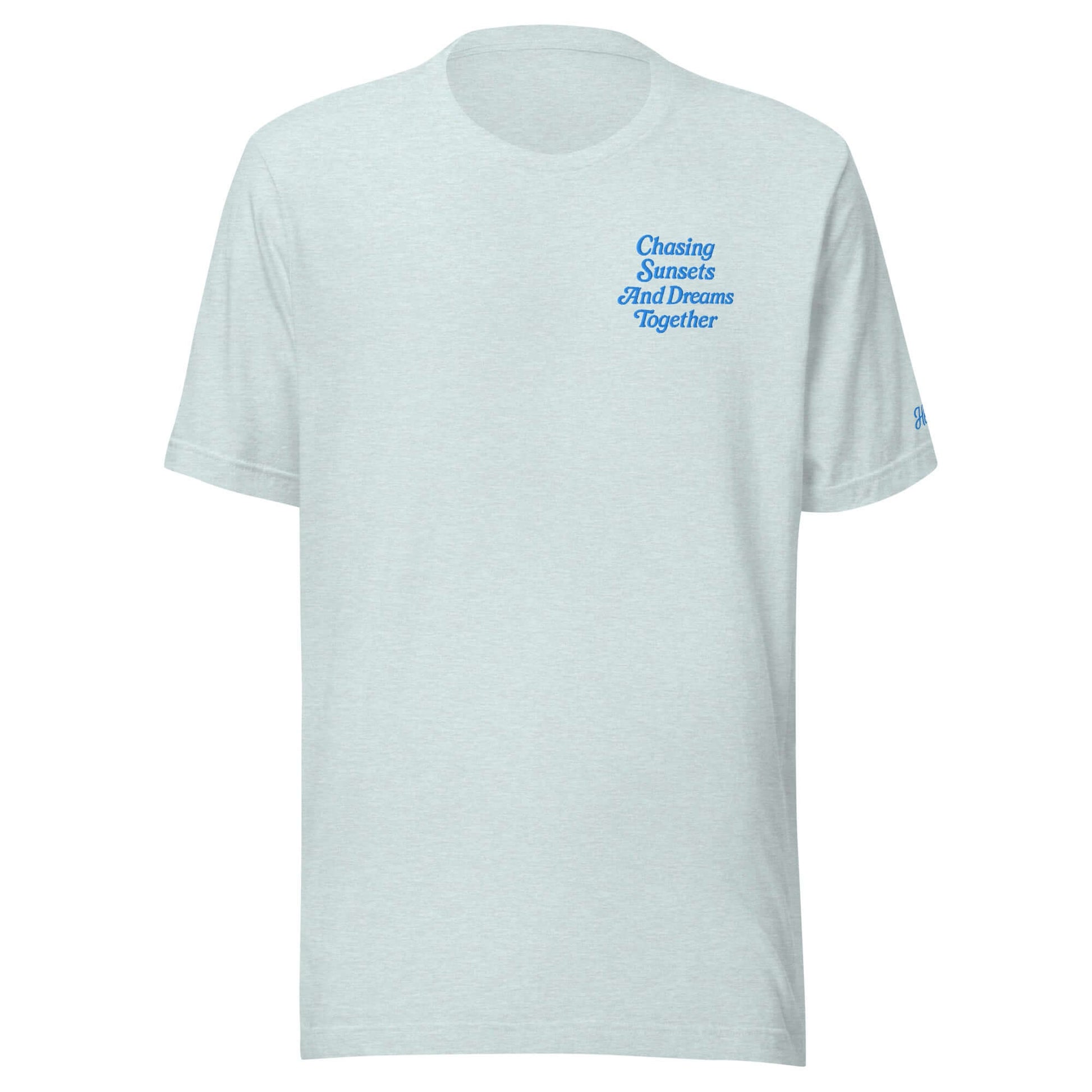 T-shirt vacanze donna ricamata con frase "Chasing Sunsets and Dreams Together", maglietta coppia.