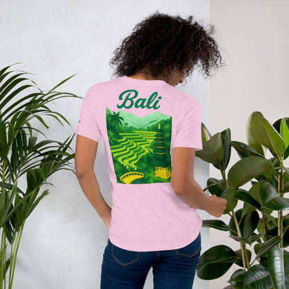 T-shirt Bali rosa con ricamo e stampa tropicale, ideale per vacanze e maglietta coppia.