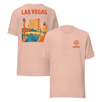 T-shirt Las Vegas da donna con frase 'Love Knows No Borders' e grafica ispirata alla città.