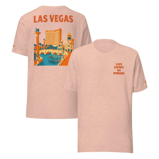 T-shirt Las Vegas da donna con frase 'Love Knows No Borders' e grafica ispirata alla città.