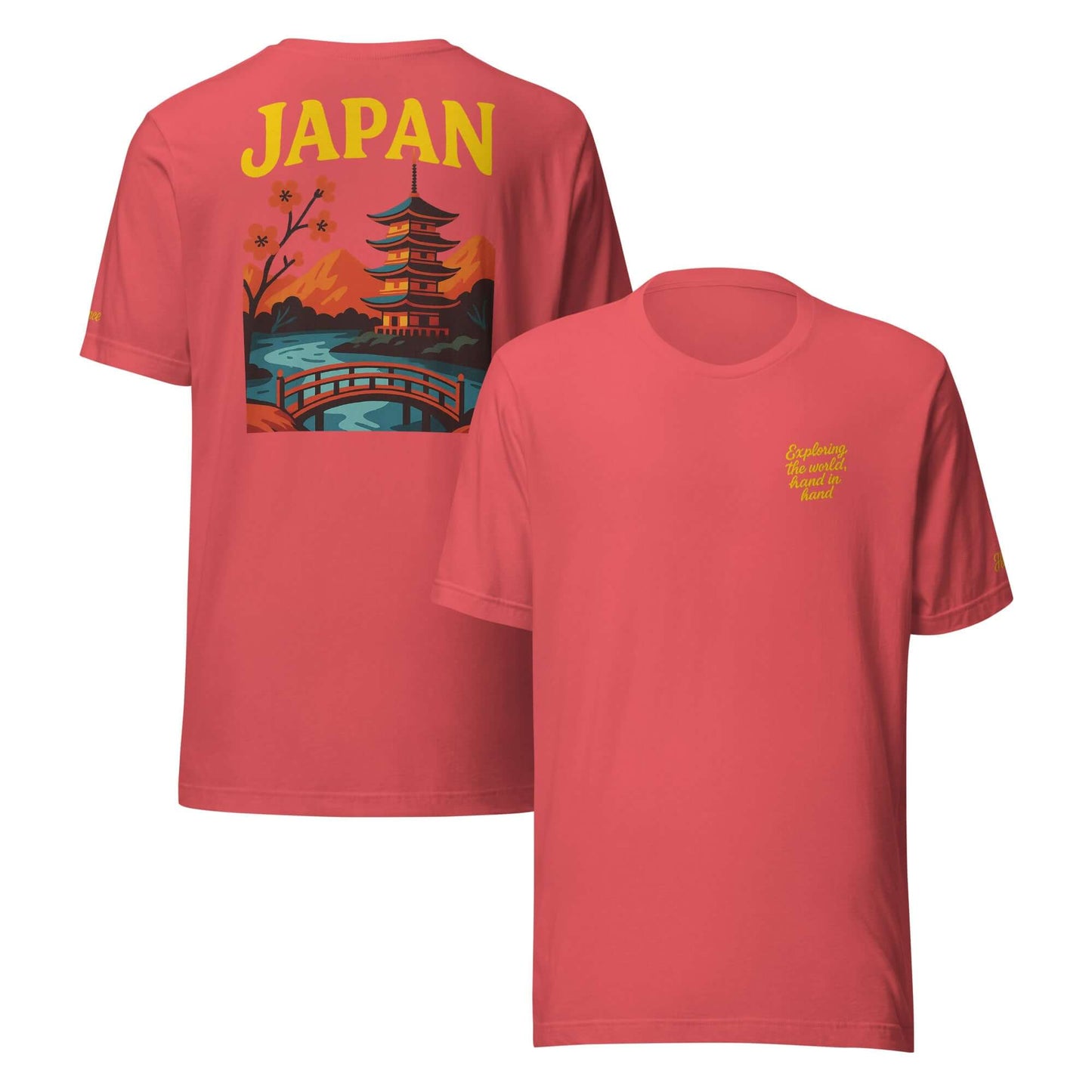 T-shirt giapponese da uomo ricamata, frase 'Exploring the World' e design ispirato al Giappone.