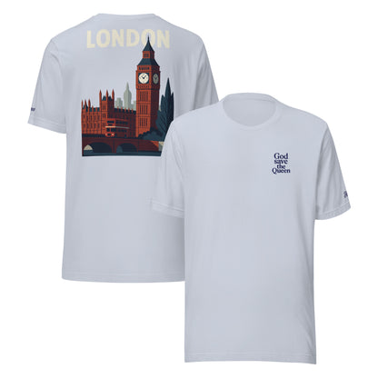 T-shirt bianca da donna con stampa London e ricamo 'God save the queen', stile urbano e ironico.
